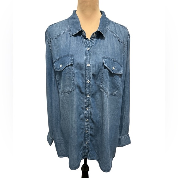 Isabel Maternity Blue Chambray Pearl Snap Long Sleeve Western Shirt Pockets XL. - Picture 2 of 10